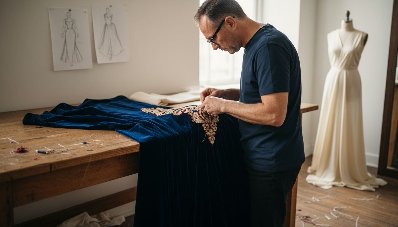 Designer crafting customized velvet gown