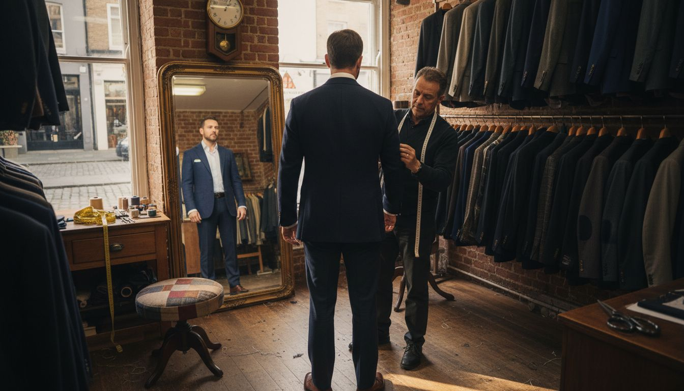Tailor adjusting classic blazer for client