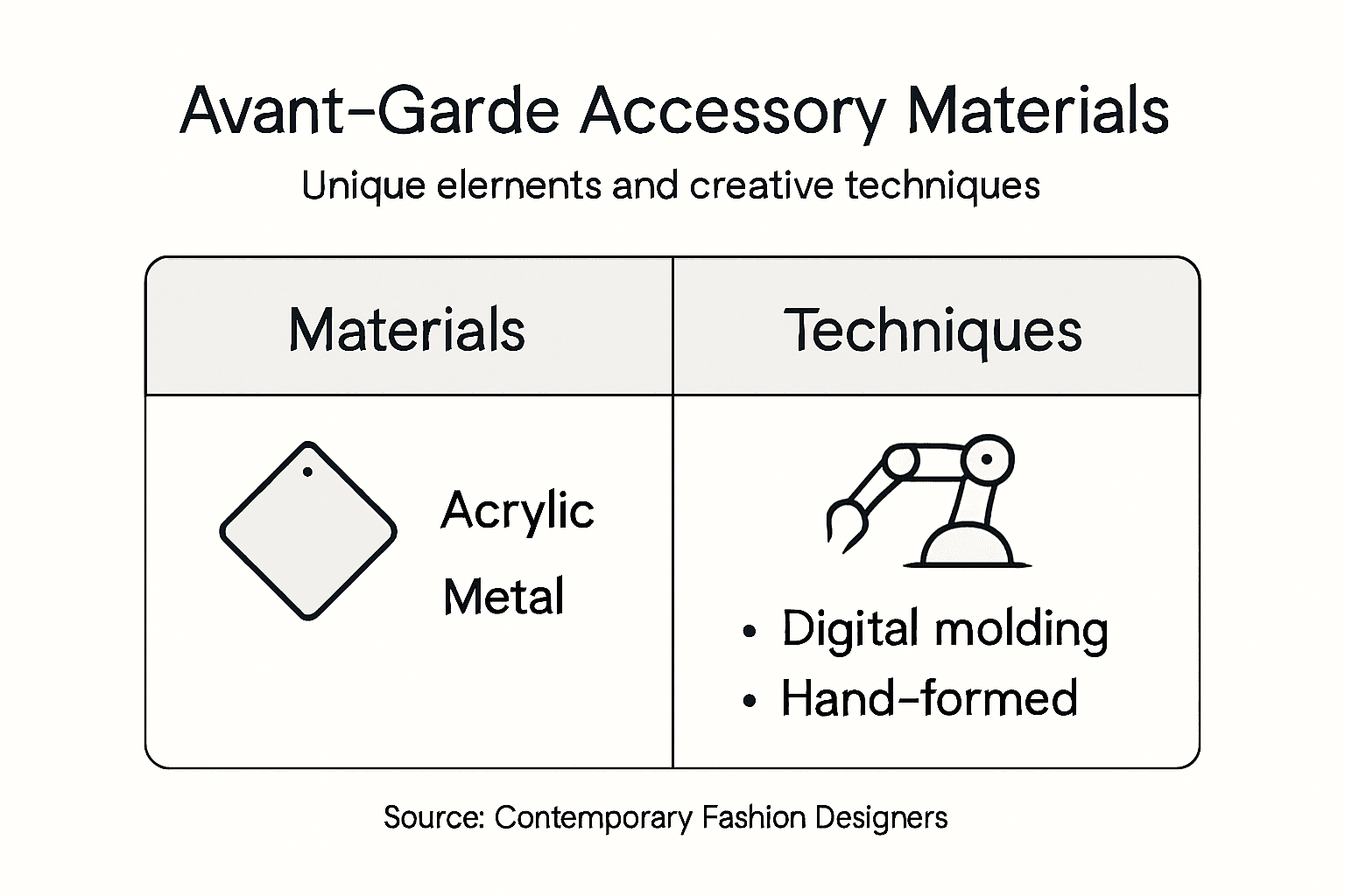 Infographic showing materials and techniques in avant-garde accessories