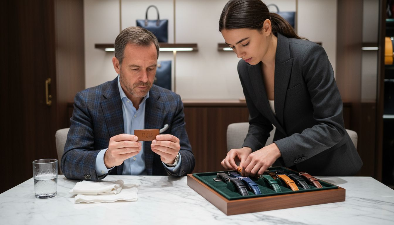 Client choosing personalized accessories with staff