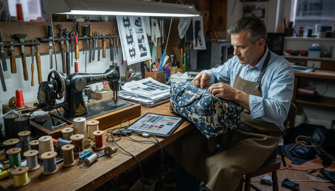 Artisan hand-stitching bag beside digital tools