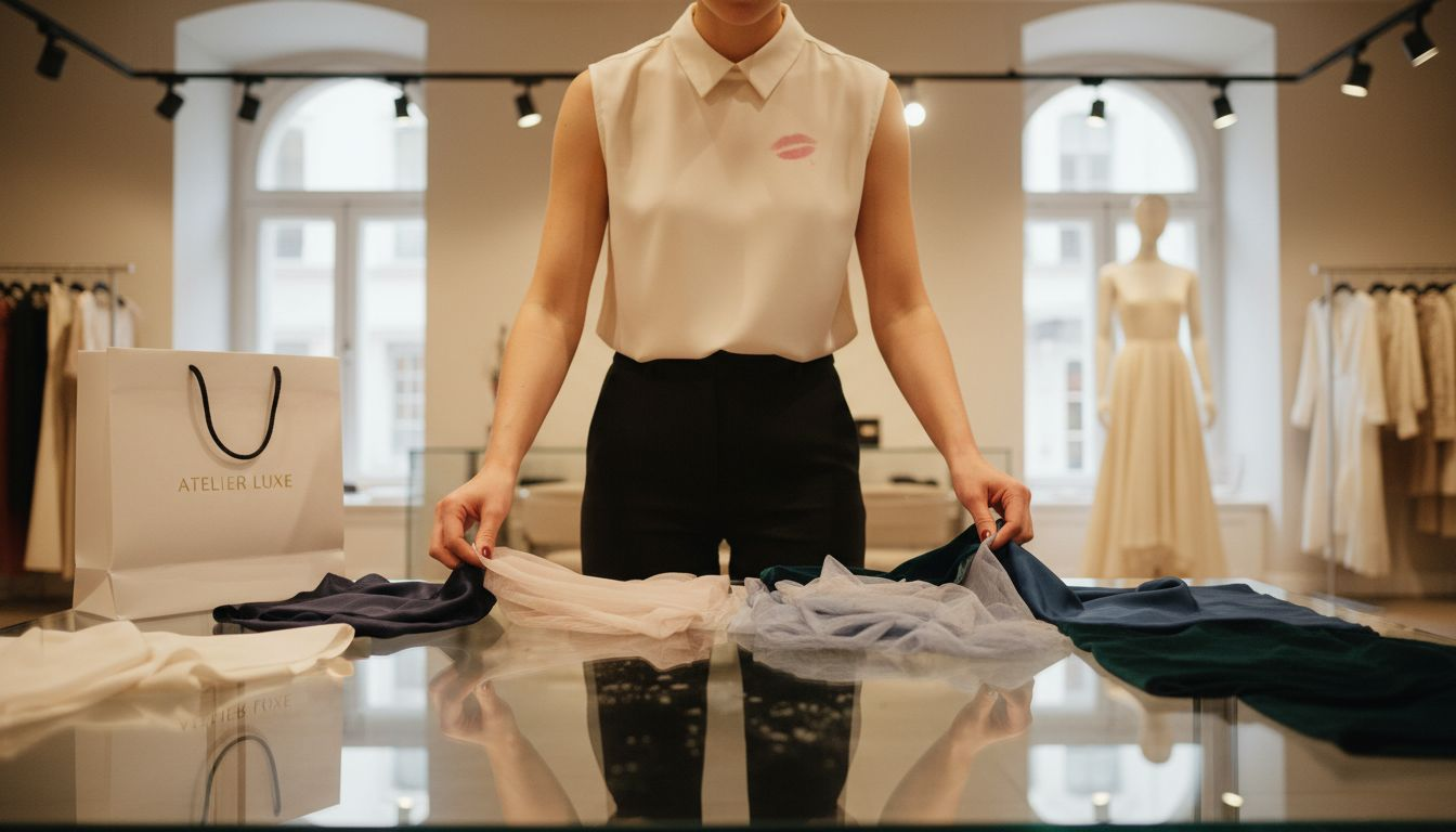 Boutique assistant showing luxury gown fabrics
