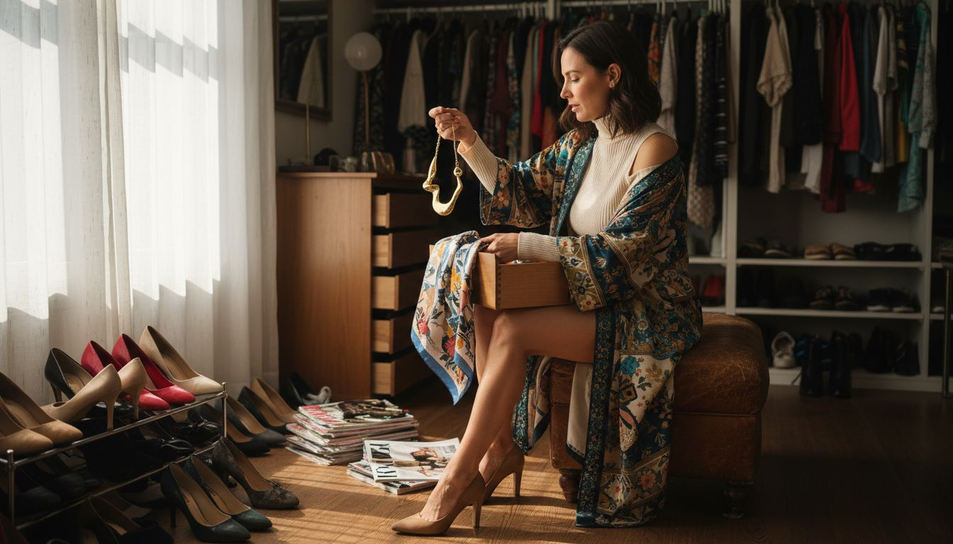 Selecting statement jewelry in walk-in closet