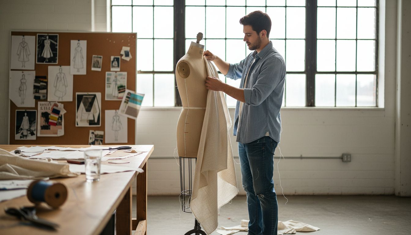 Designer creating piece in busy studio
