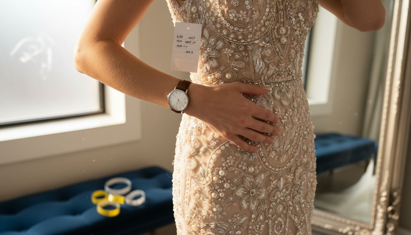 Close-up of hands on designer dress detail