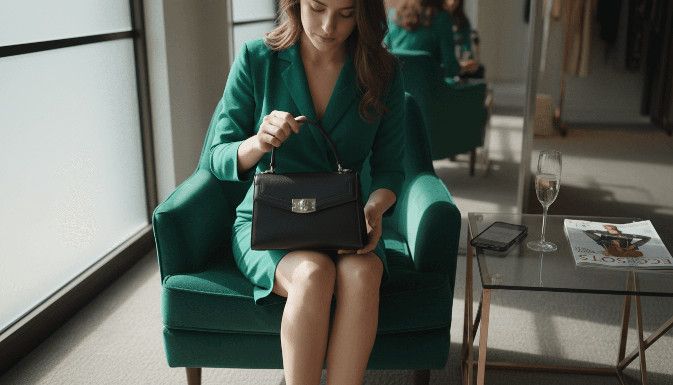 Woman holding contemporary luxury evening bag