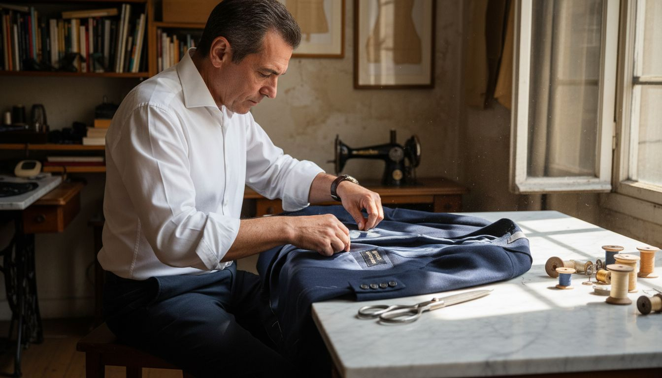 Un tailleur examine minutieusement la confection d’une veste de luxe.