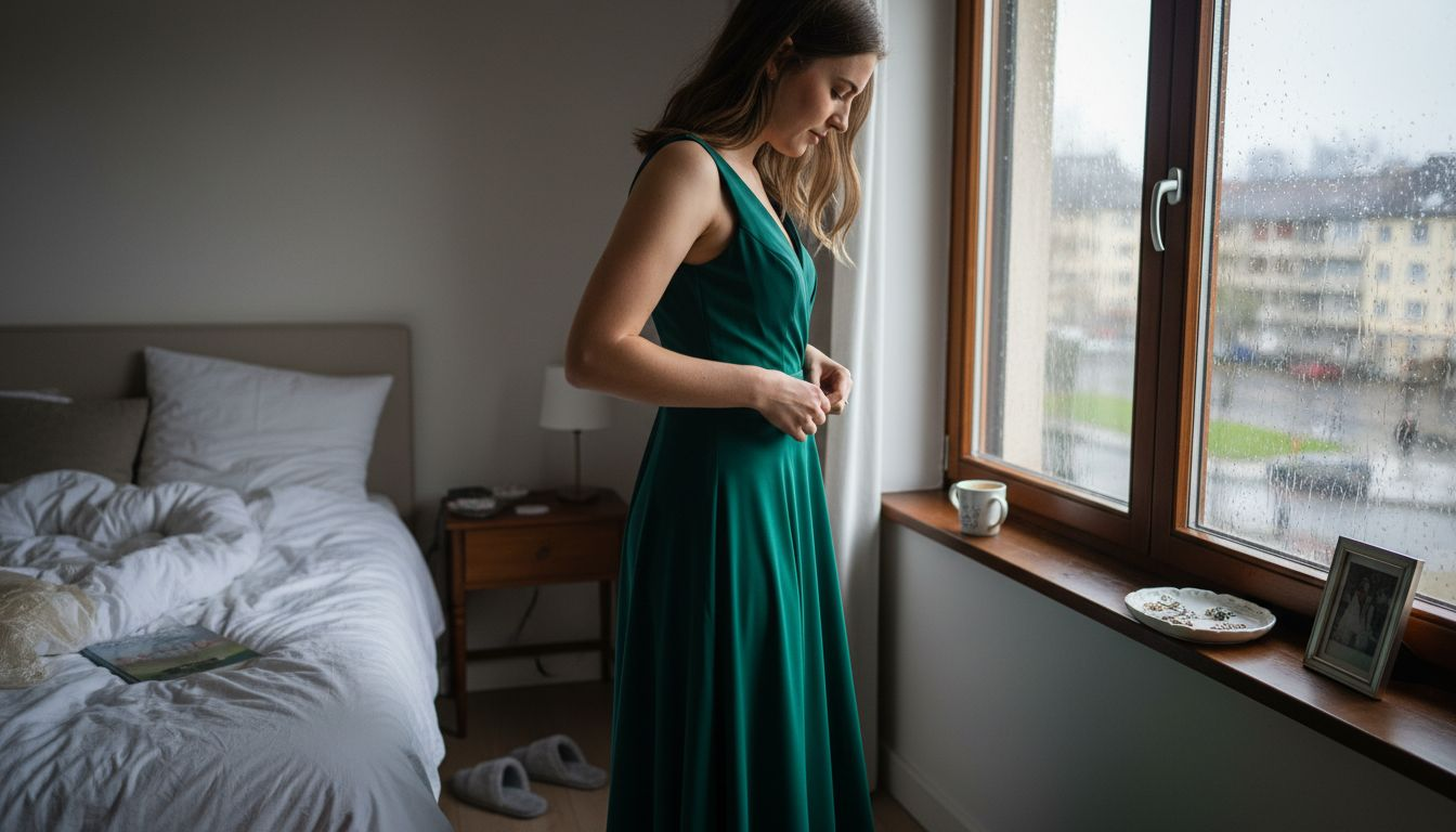 Eine Frau im eleganten Etuikleid steht am Fenster und blickt nach draußen.
