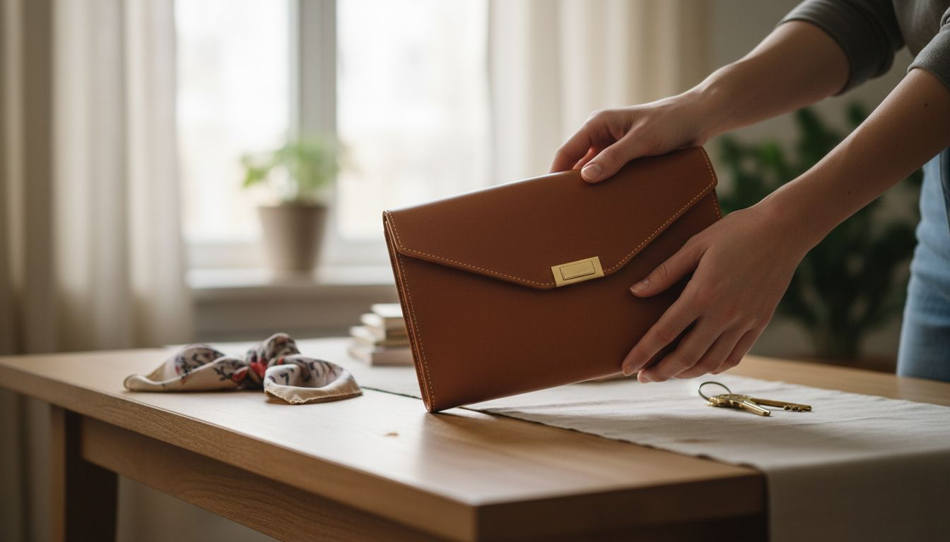 Unas manos examinan cuidadosamente un clutch de cuero genuino