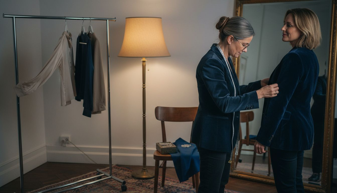 Un sastre da forma a una elegante chaqueta de terciopelo, cuidando cada detalle a mano.