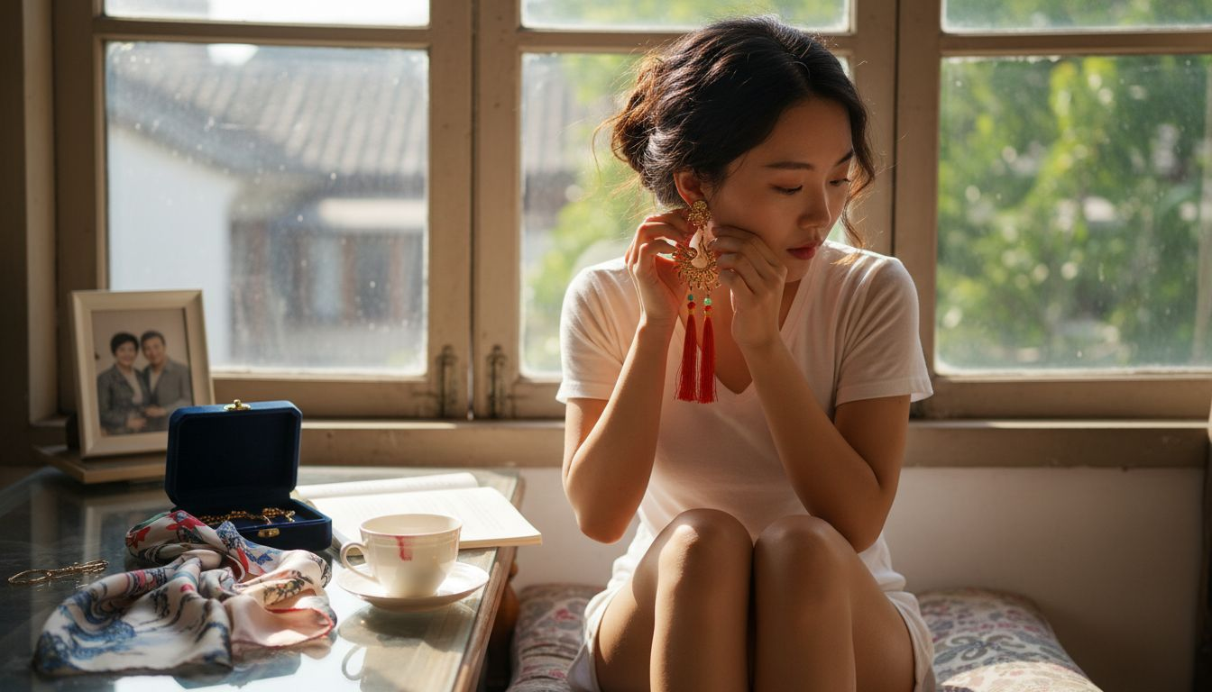 年轻女孩正在细心地整理她那对限量版的奢华耳环。
