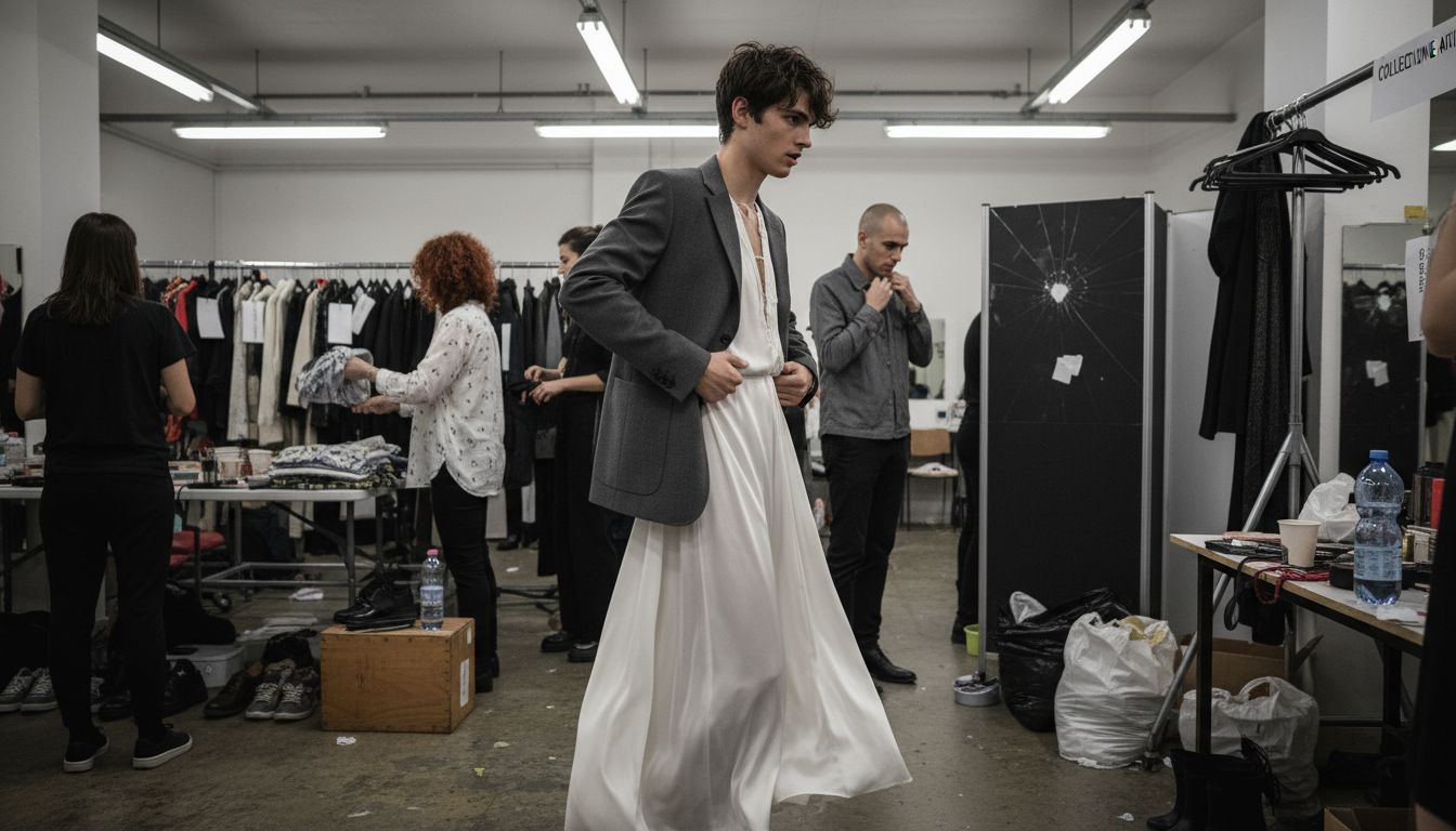 La modella indossa un blazer strutturato dietro le quinte, giocando con le sovrapposizioni per un look sofisticato.
