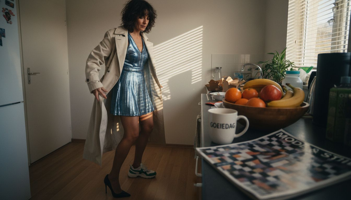 Vrouw mixt moeiteloos tijdloze klassiekers met gedurfde, moderne mode.