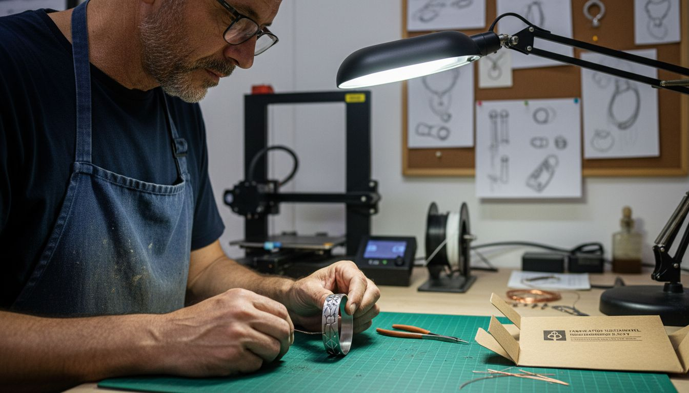 Mestre artesão a analisar peças de bijuteria de luxo produzidas em impressão 3D