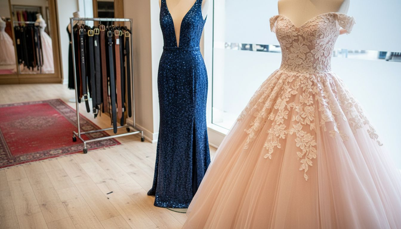 Os manequins exibem vários estilos e cortes de vestidos diferentes.