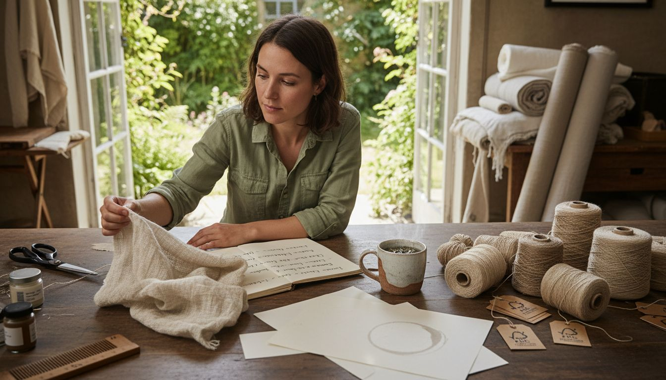 Designer examining organic linen and hemp samples