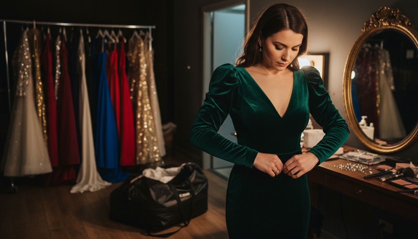Model preparing in green velvet puff sleeve gown