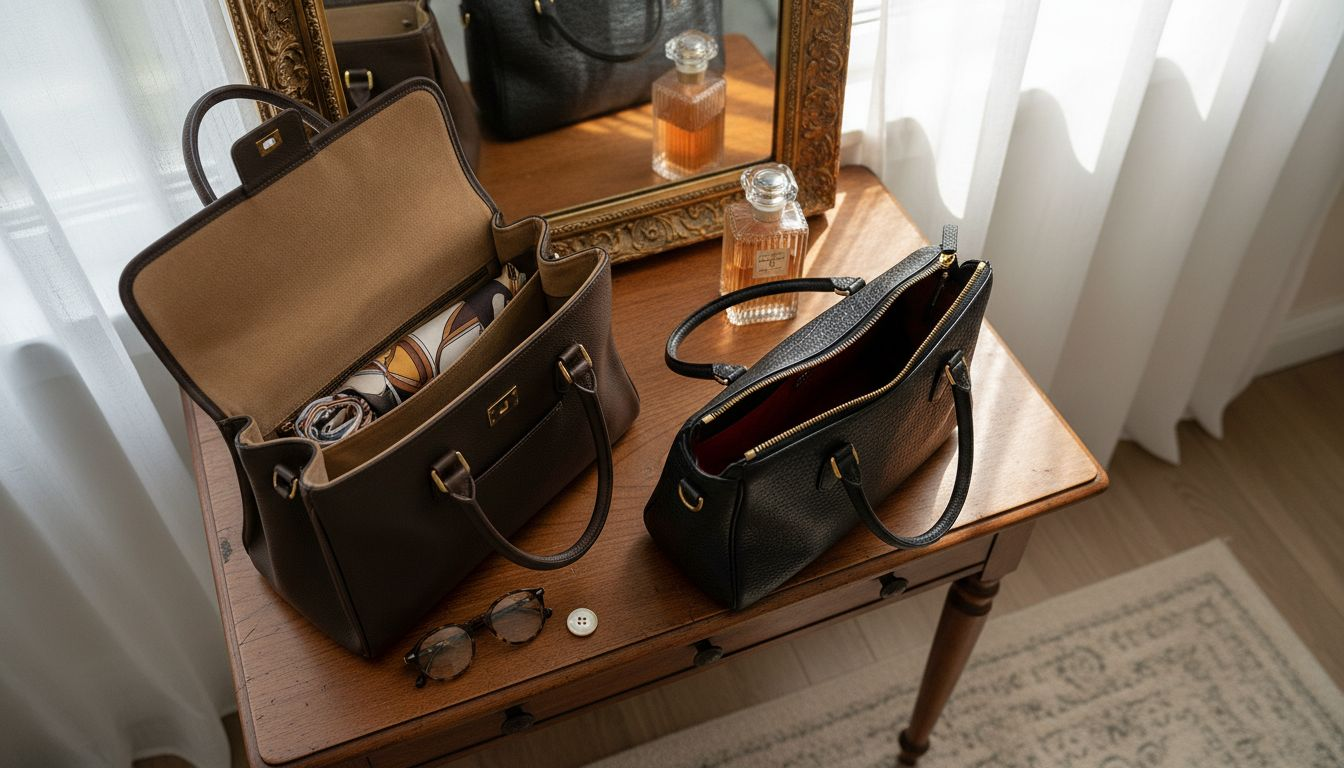 Des sacs à main de luxe ouverts, dévoilant leurs différents compartiments intérieurs.