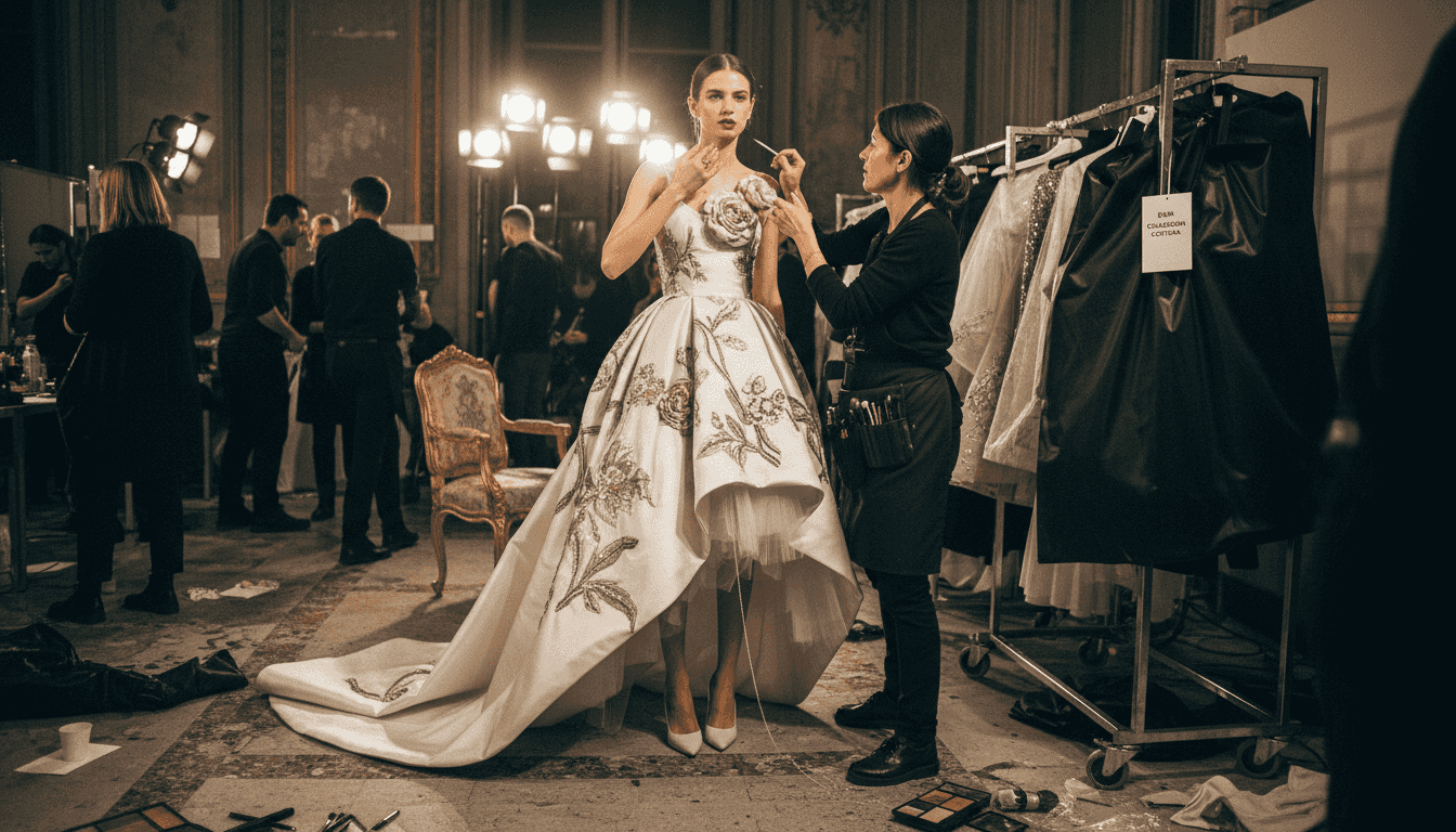 Vestido asimétrico de Dior, adornado con elaborados bordados que destacan por su elegancia.