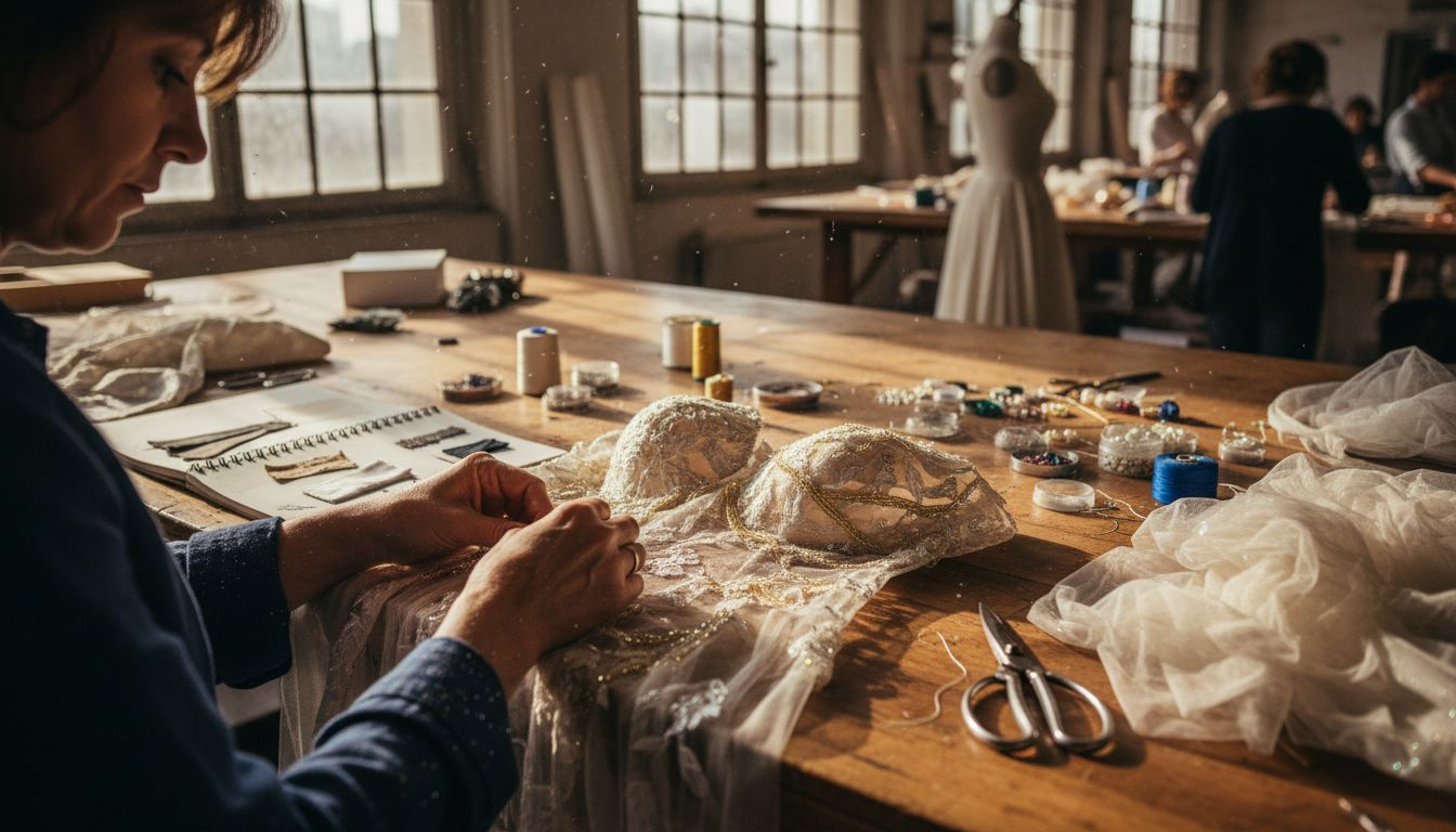 Artisan hand-sewing gown in Paris atelier