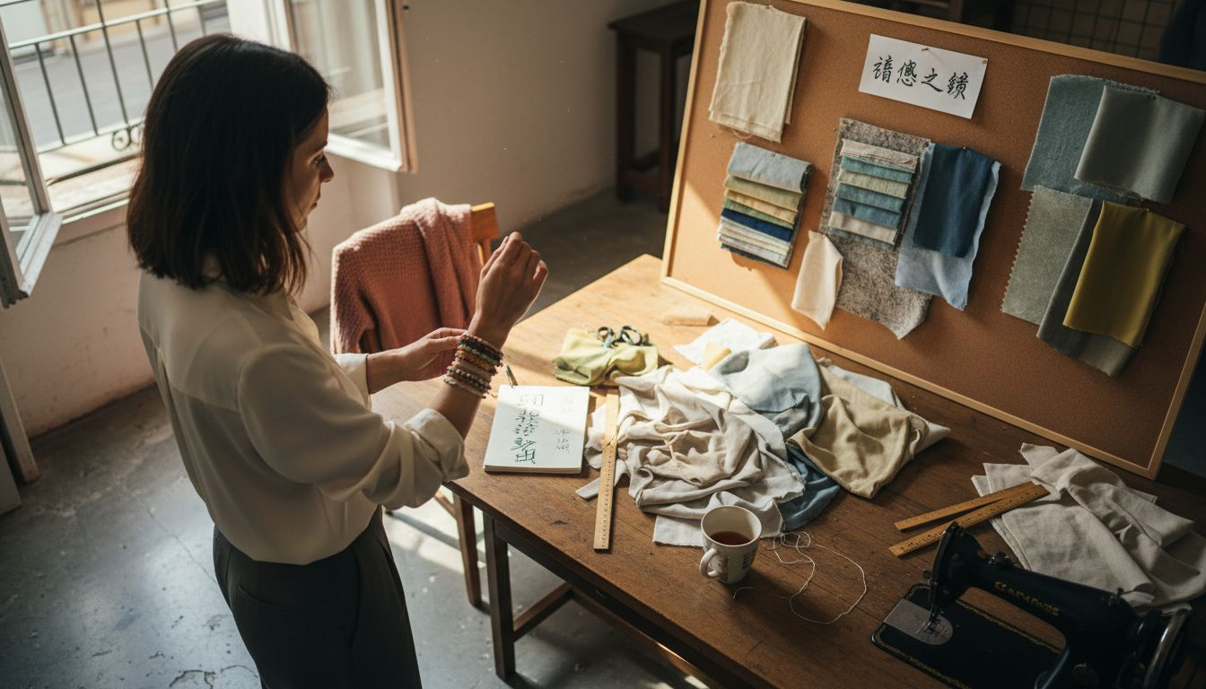 设计师正在工作室里仔细整理可持续设计的灵感板。
