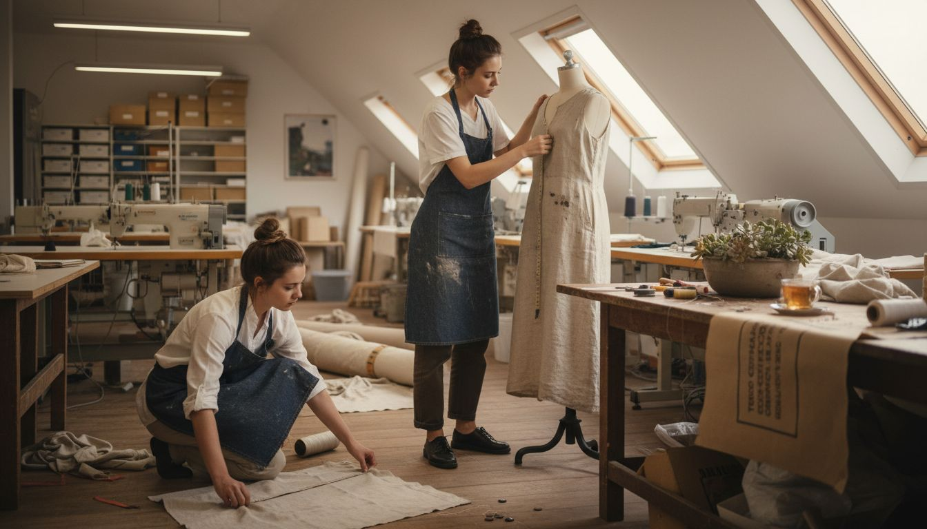 Criadores de moda a trabalhar num vestido sustentável no atelier