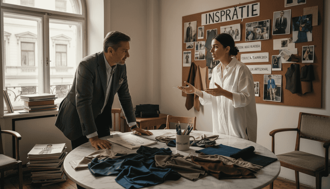 Clienta poartă o discuție cu designerul în atelier pentru a stabili detaliile personalizării ținutei.