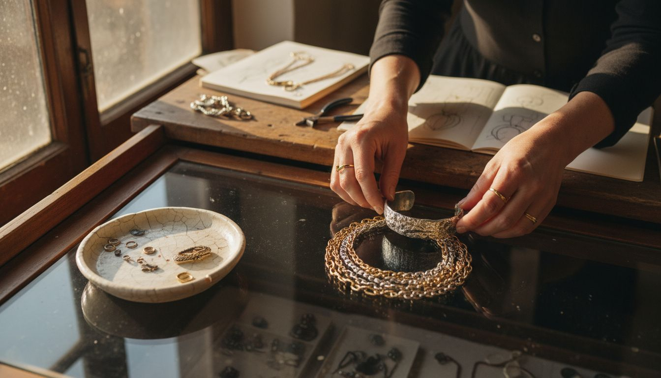 Designer arranging bold layered jewelry display