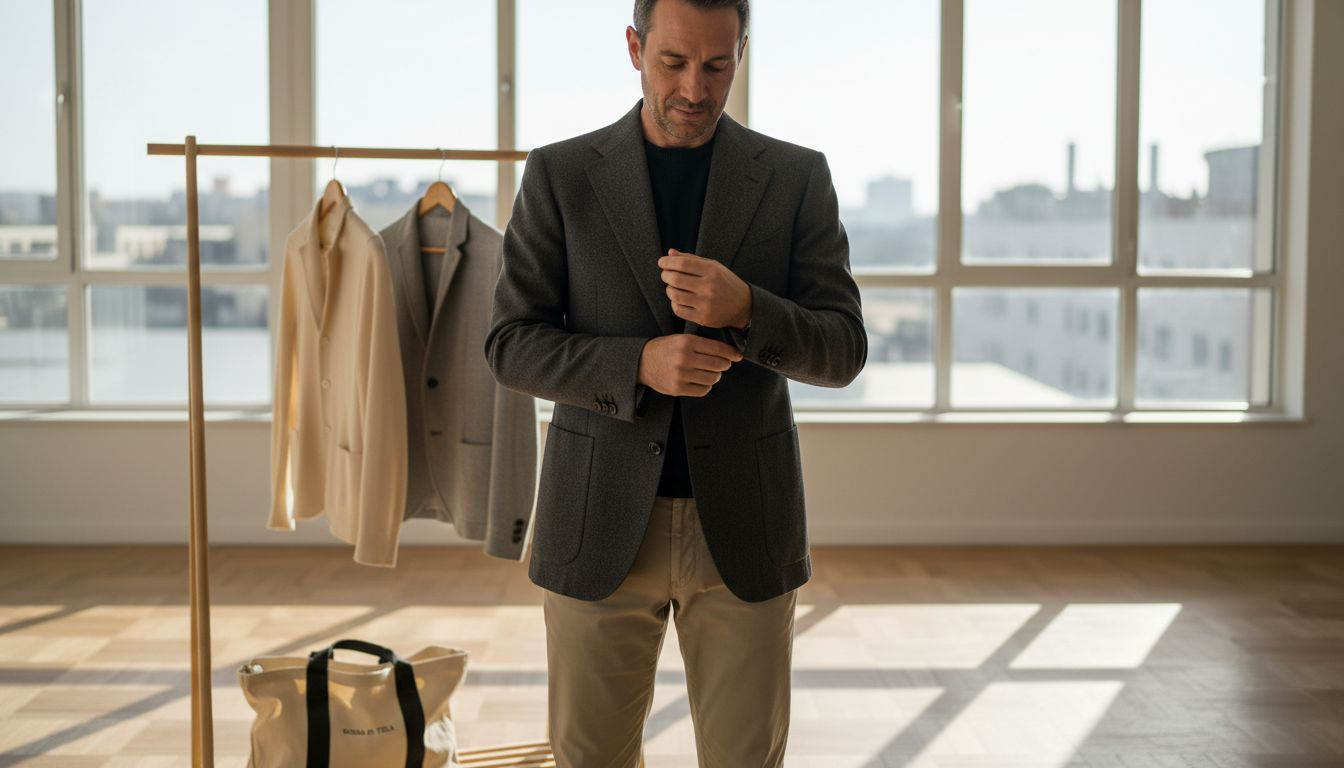 Blazer sartoriale indossato in un ambiente moderno e industriale