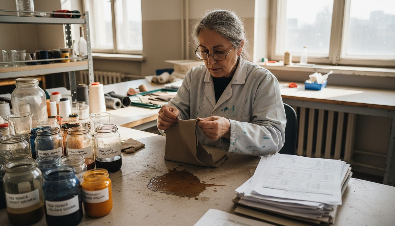 Specialist în textile analizează materiale ecologice pentru a identifica cele mai sustenabile soluții din domeniu.