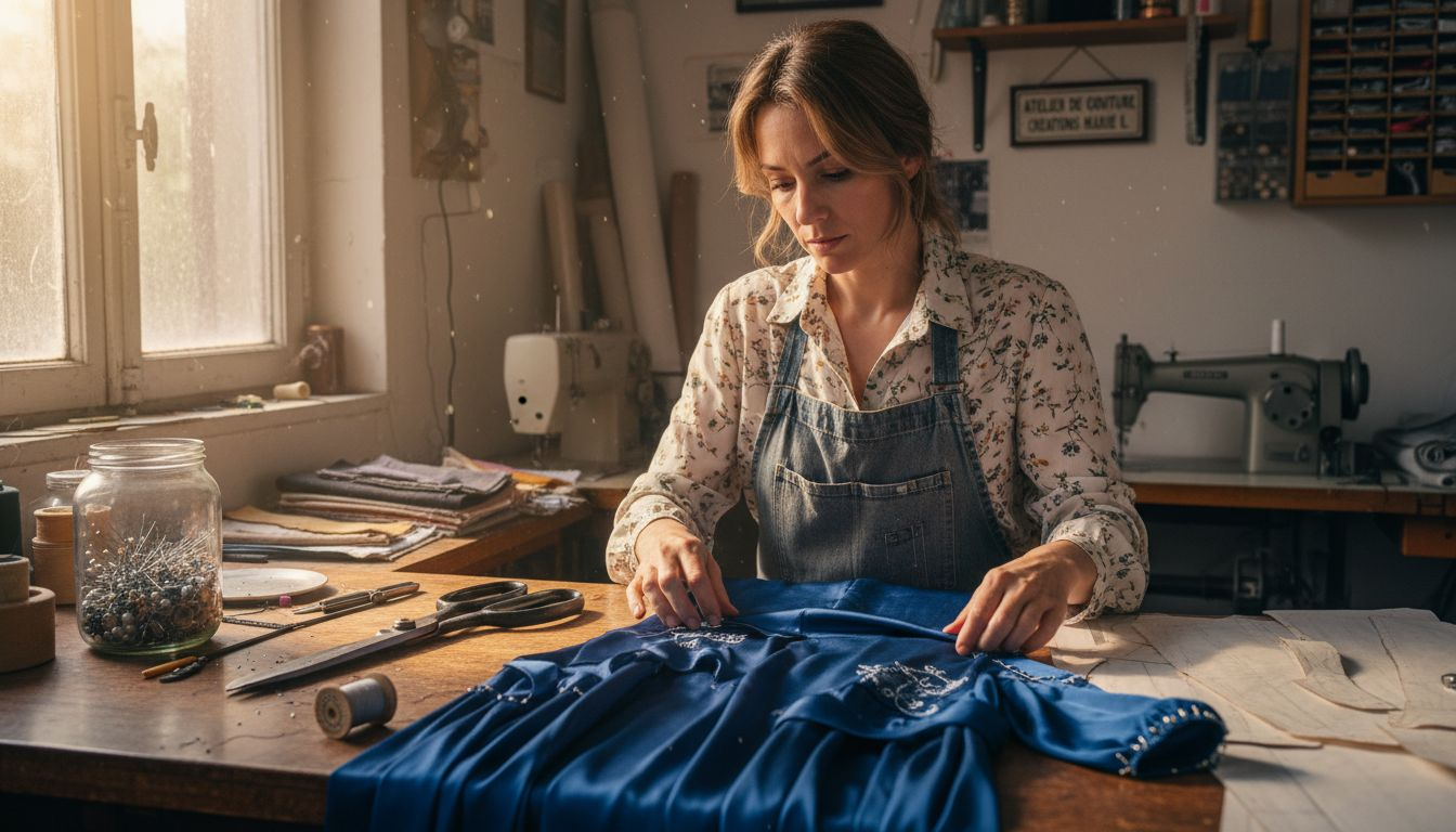 Un créateur de mode se penche sur la conception d'une robe de soirée modulable et ajustable.