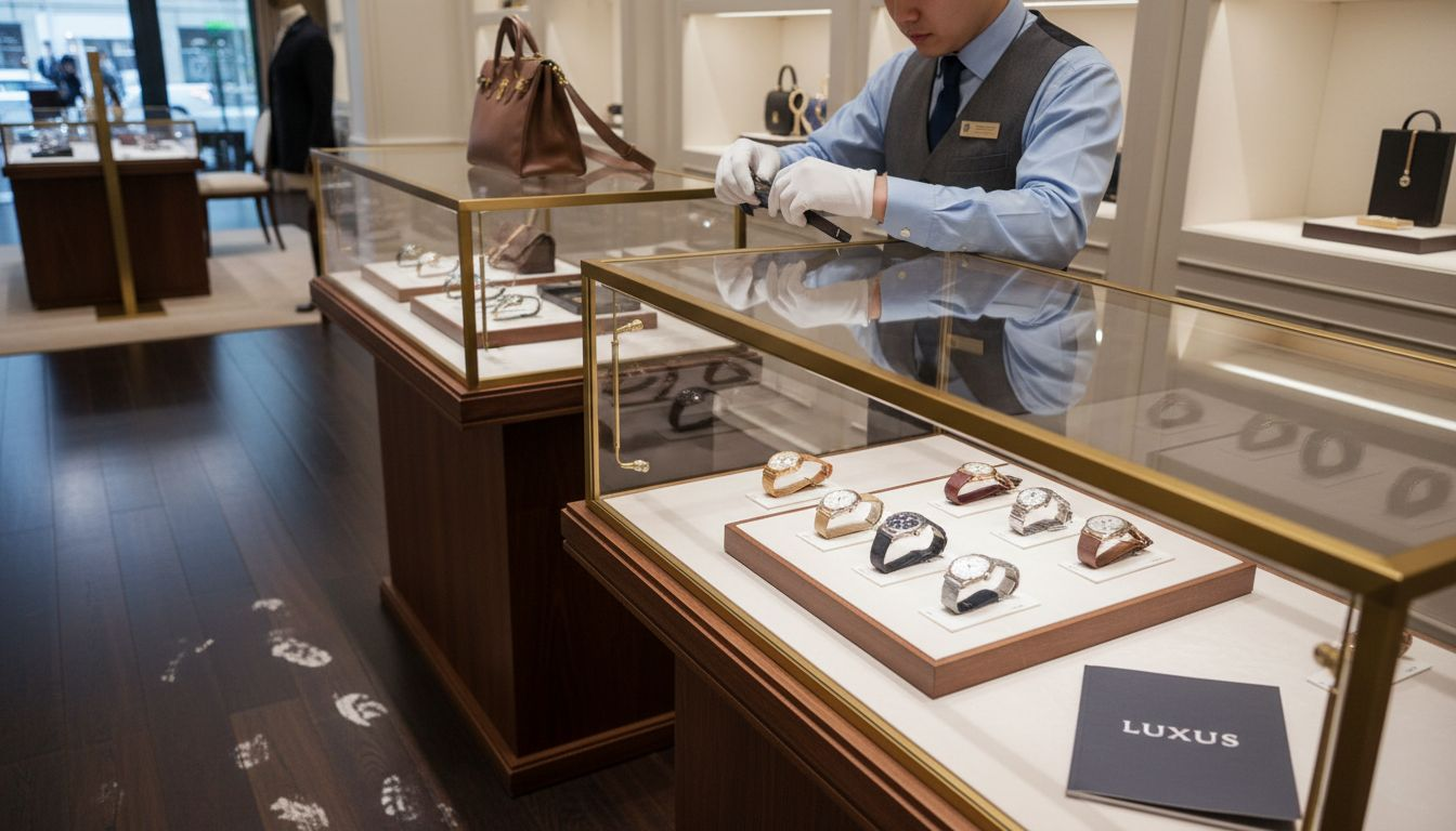 Un empleado acomoda cuidadosamente los artículos de lujo en las vitrinas de una boutique.