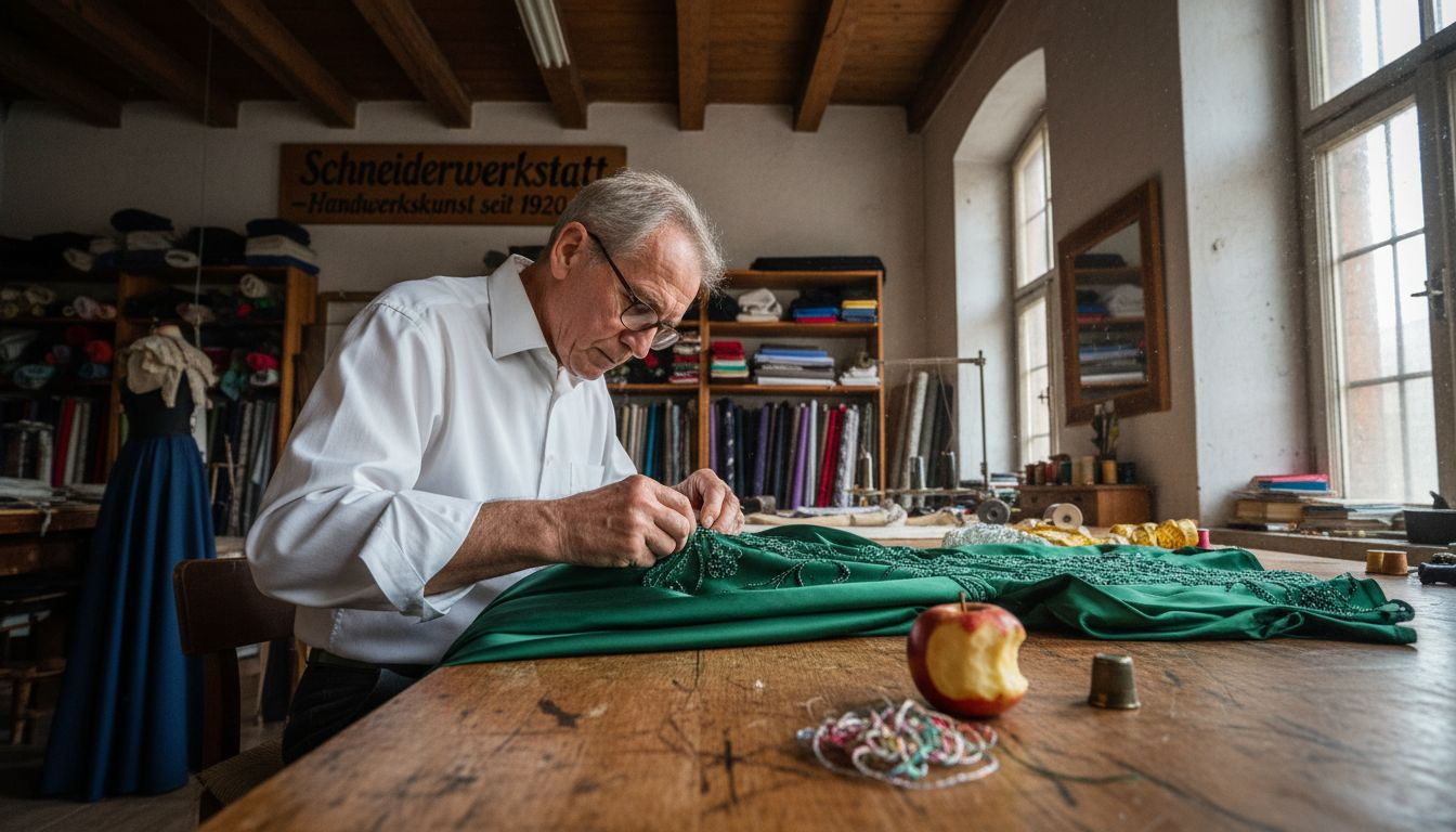 Ein Schneider fertigt ein luxuriöses Abendkleid mit liebevoller Handarbeit und aufwendigen Details.