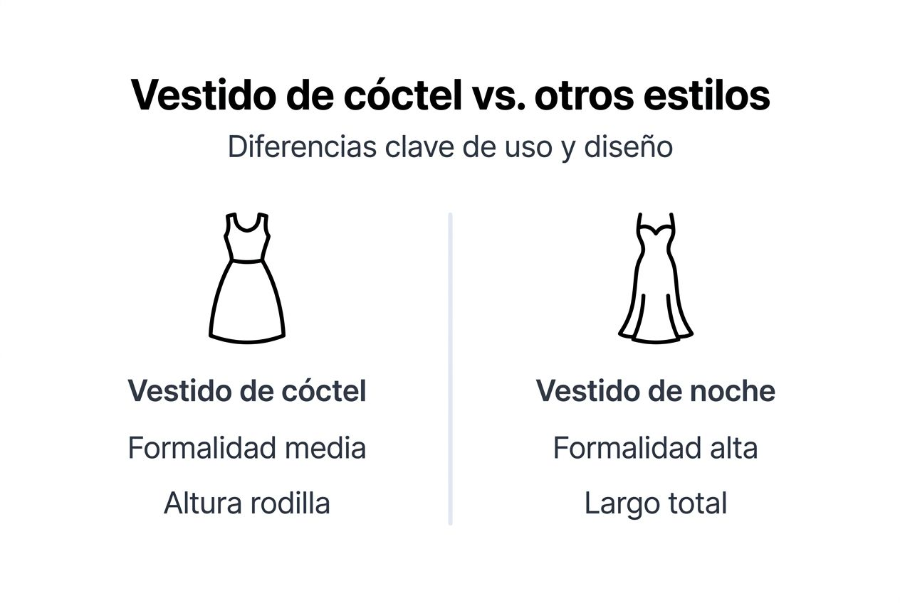 Infografía que muestra las diferencias entre vestidos de cóctel, de noche y casuales