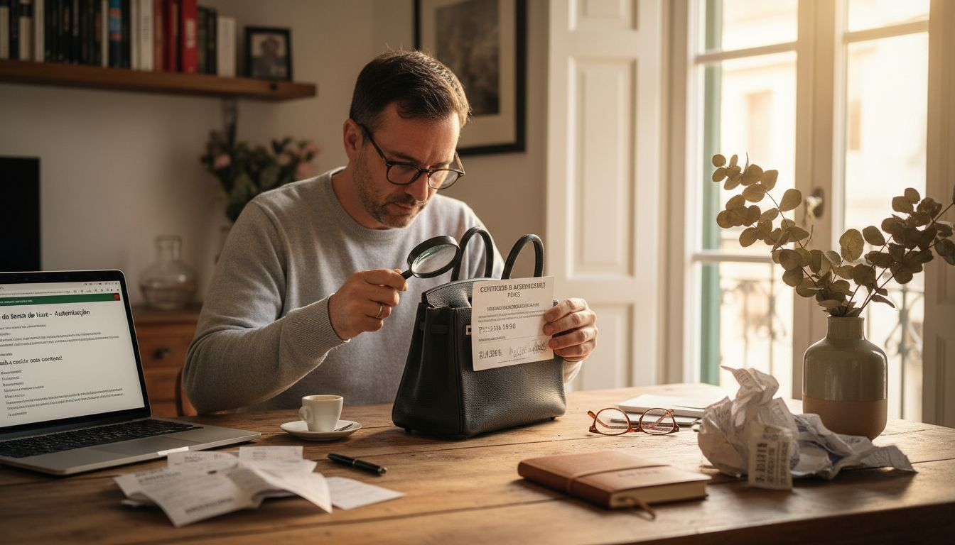 Replica Luxury Handbagm a verificar o certificado de autenticidade de uma peça de luxo