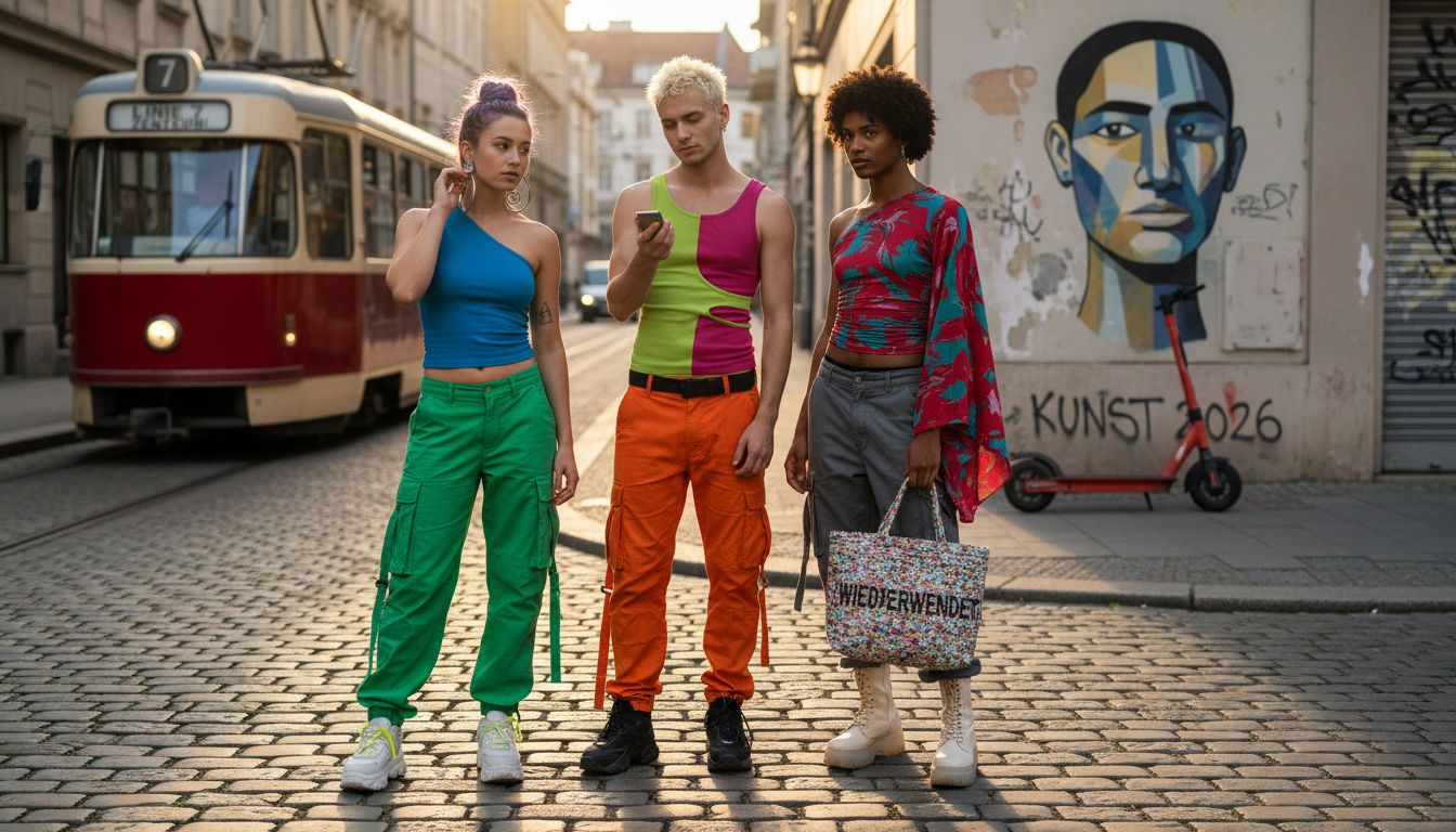 Eine Gruppe präsentiert angesagte Streetwear im Y2K-Stil – aber ganz im Look von 2026.