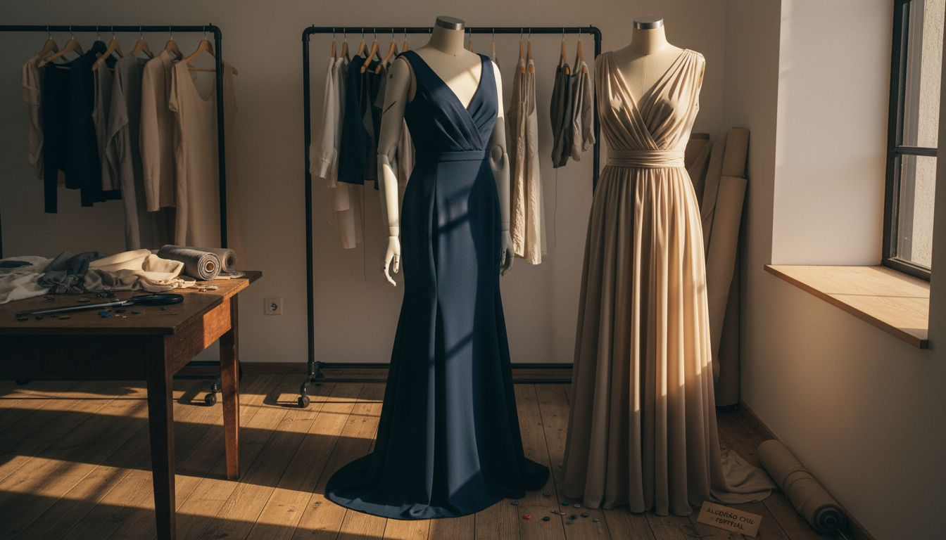 Vestidos de festa com vários cortes em exposição nos manequins