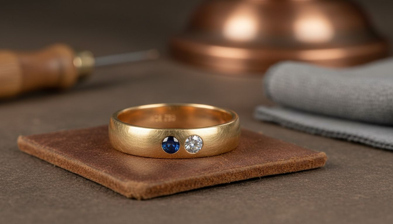 Détail des finitions faites main sur une bague en or vue de près