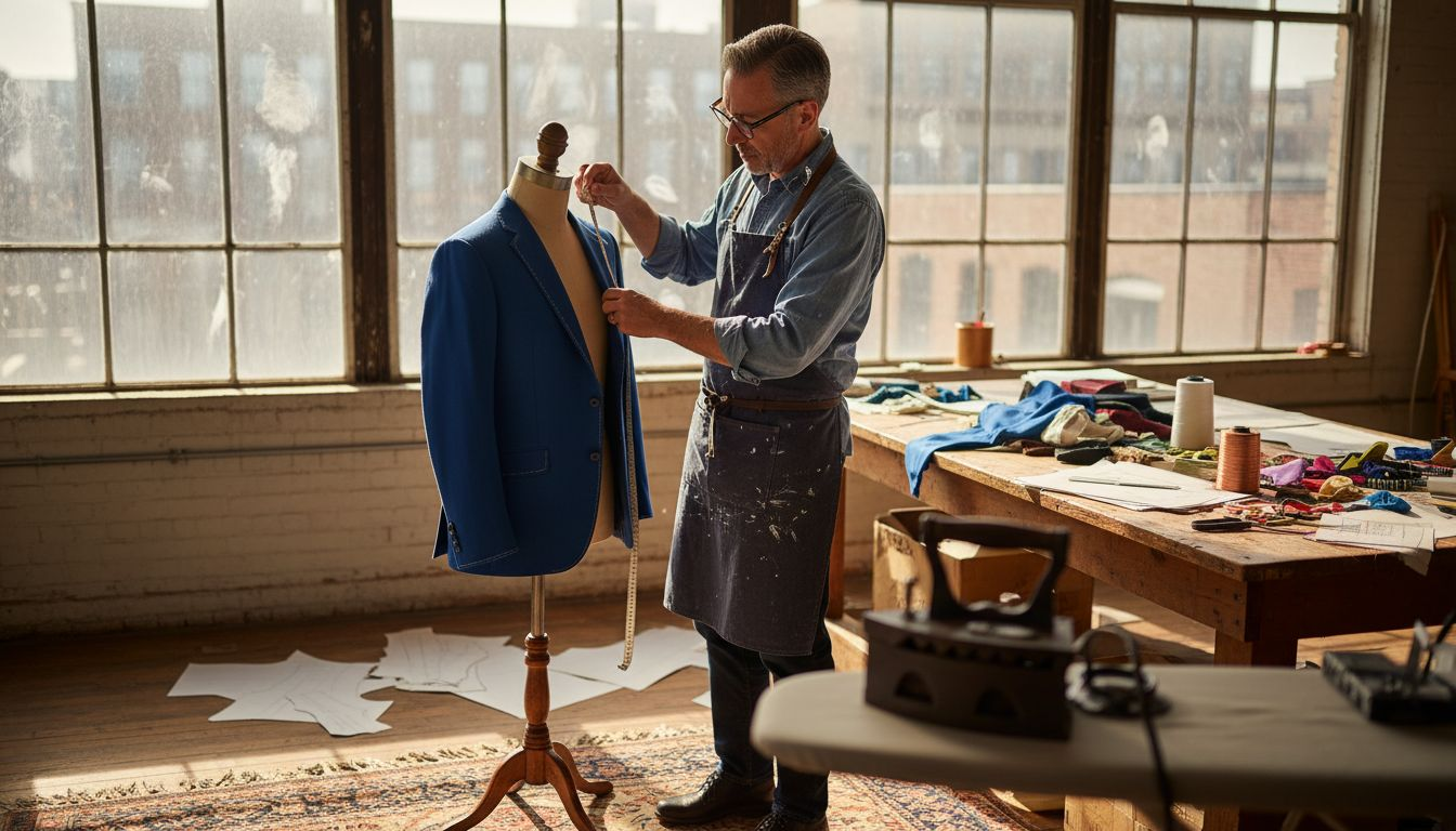 Tailor examining tactile luxury fashion piece