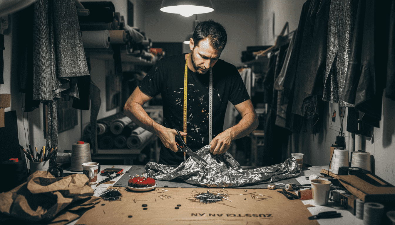 In einem kreativen Atelier schneidet ein Designer an einem außergewöhnlichen Stoff und probiert neue Materialien aus.