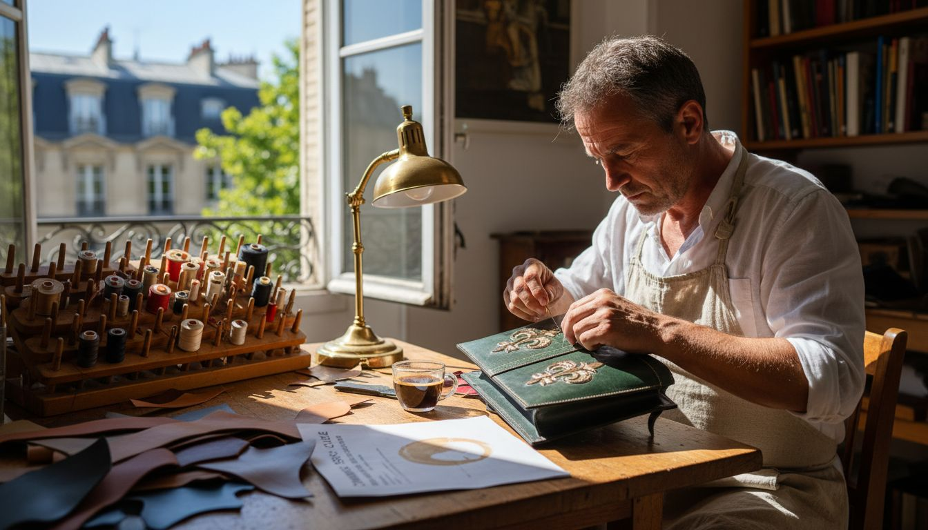 Un artisan passionné façonne à la main des sacs à main d’exception, alliant élégance et éthique.