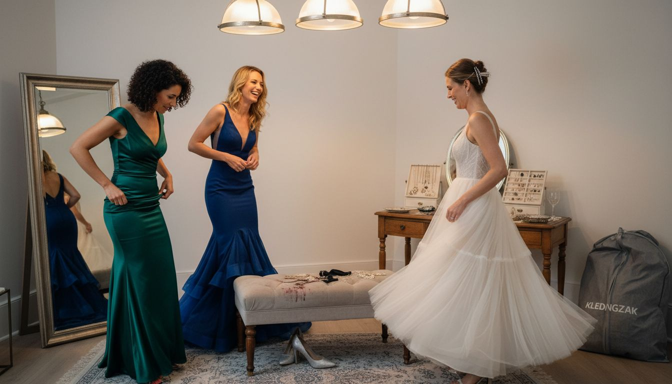 Vrouwen die verschillende avondjurken passen en ontdekken welke stijl het beste bij hen past.