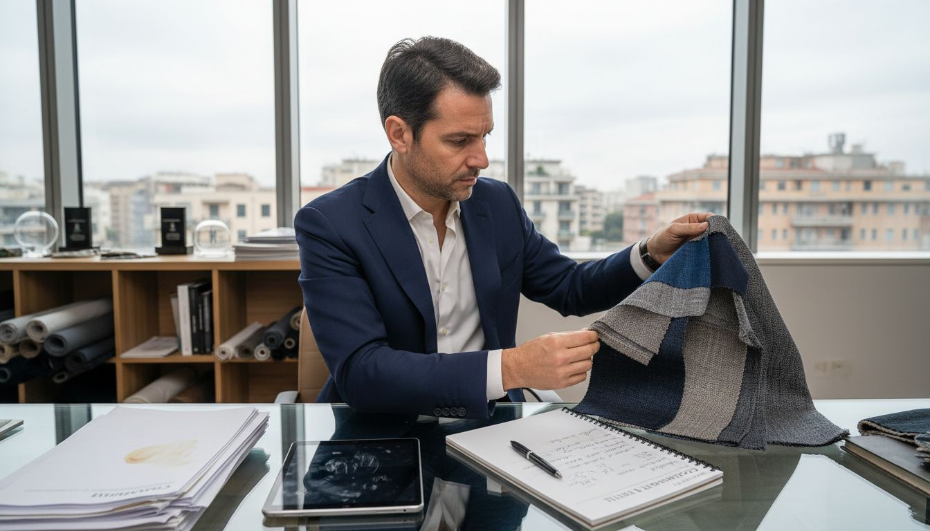 Consulente che esamina campioni di tessuti alla scrivania