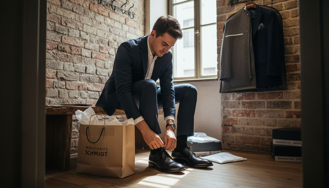 Ein Mann bindet sich während der Anprobe die Schuhe zu.