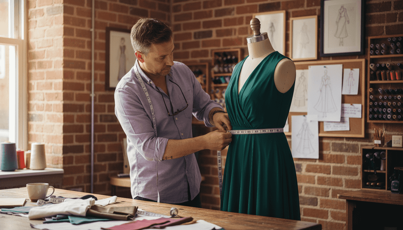 Tailor fitting luxury evening gown in atelier