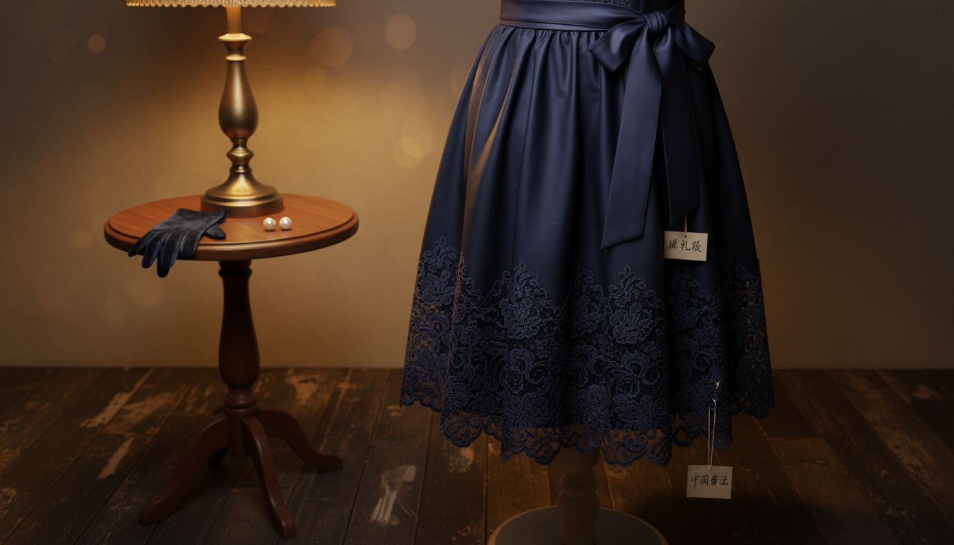 经典深蓝色礼服裙摆与腰部细节展示