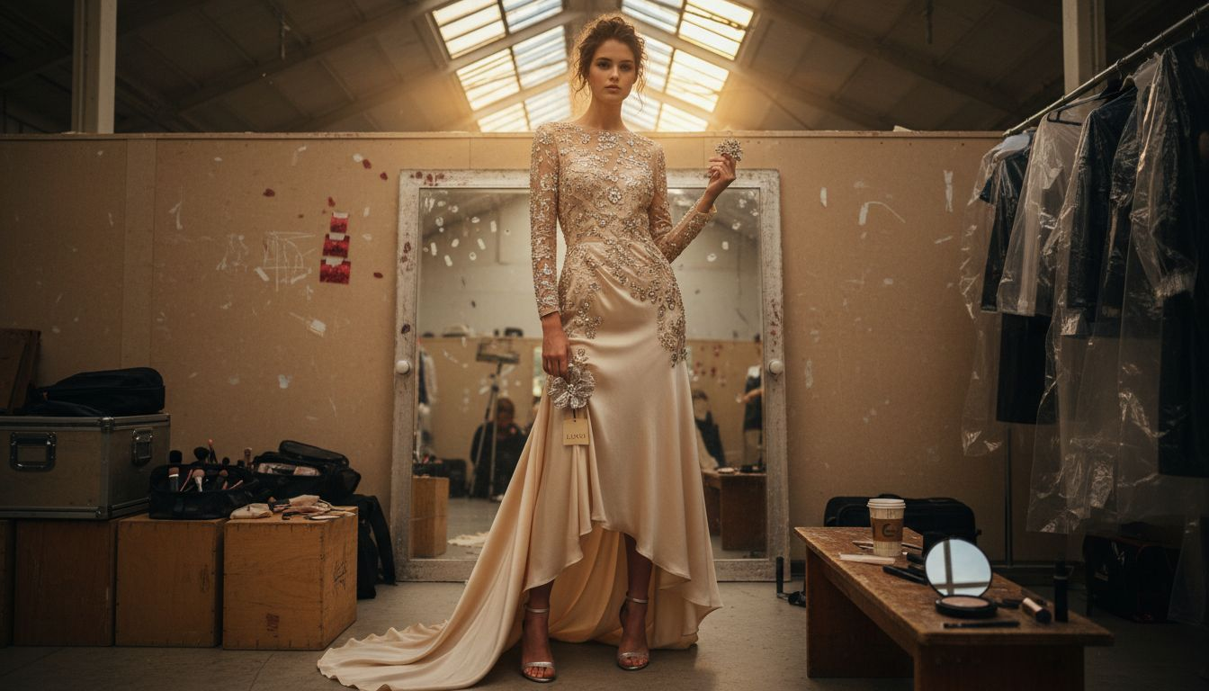 Modelo prova vestido único no camarim