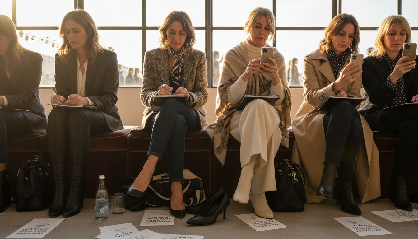 Les rédactrices de mode attentives au défilé milanais, scrutant chaque silhouette depuis le premier rang.
