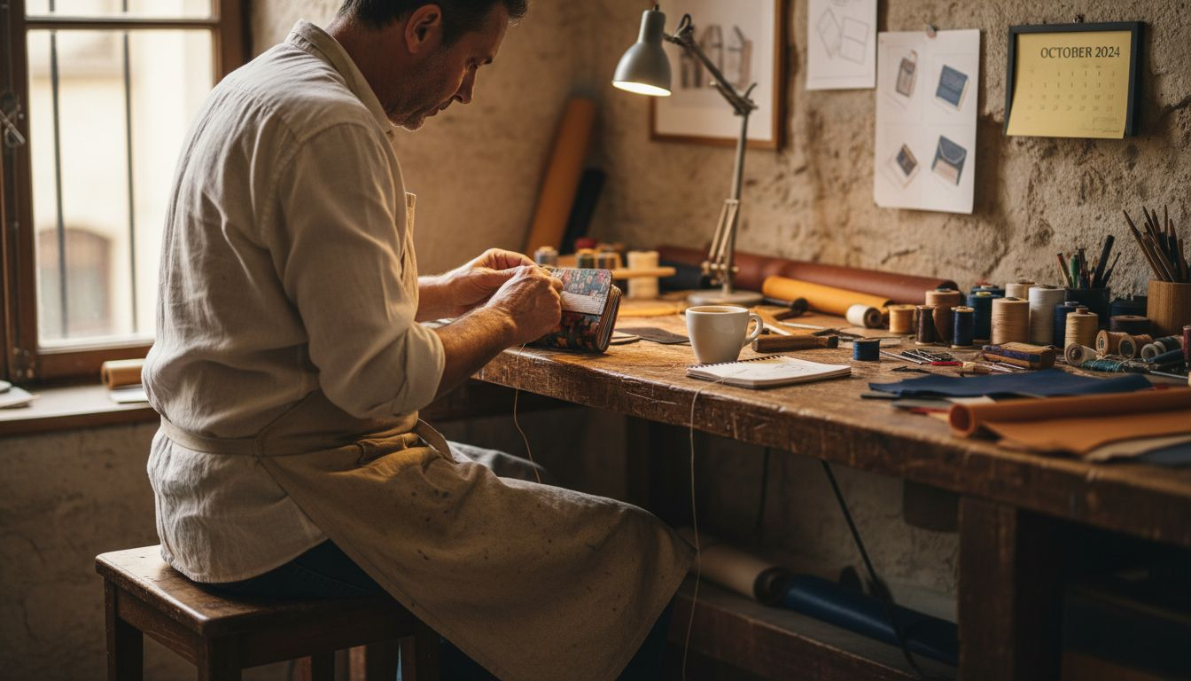 Artisan handcrafts luxury leather wallet in workshop