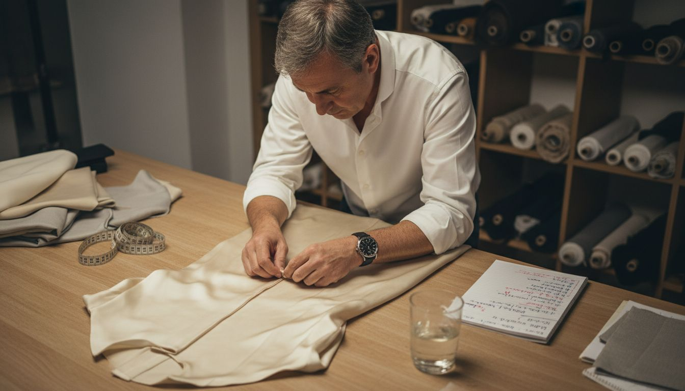 Especialista a analisar a confeção de vestuário elegante